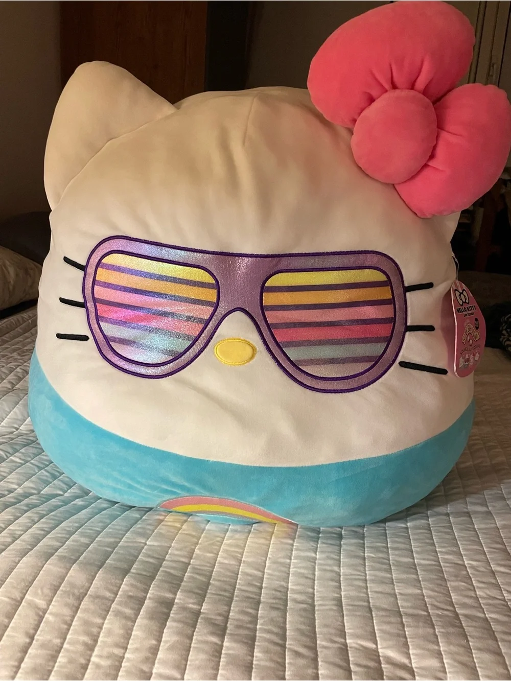 Hello Kitty Plush Pillow with Pink Bow and Rainbow Sunglasses